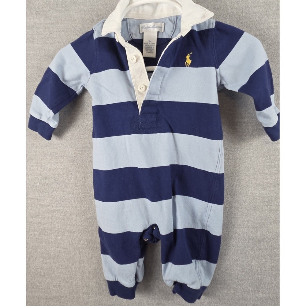 Ralph Lauren Baby Boy 3M One Piece Blue Stripe Rugby Footed Romper Snap Pony
